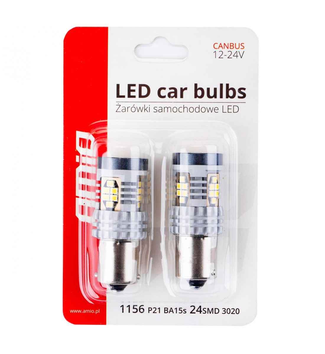 Ambalaj original pentru becuri LED CANBUS P21W 1156, 24 SMD, alb xenon 6000K, 12-24V, pentru faruri auto fără erori de bord.