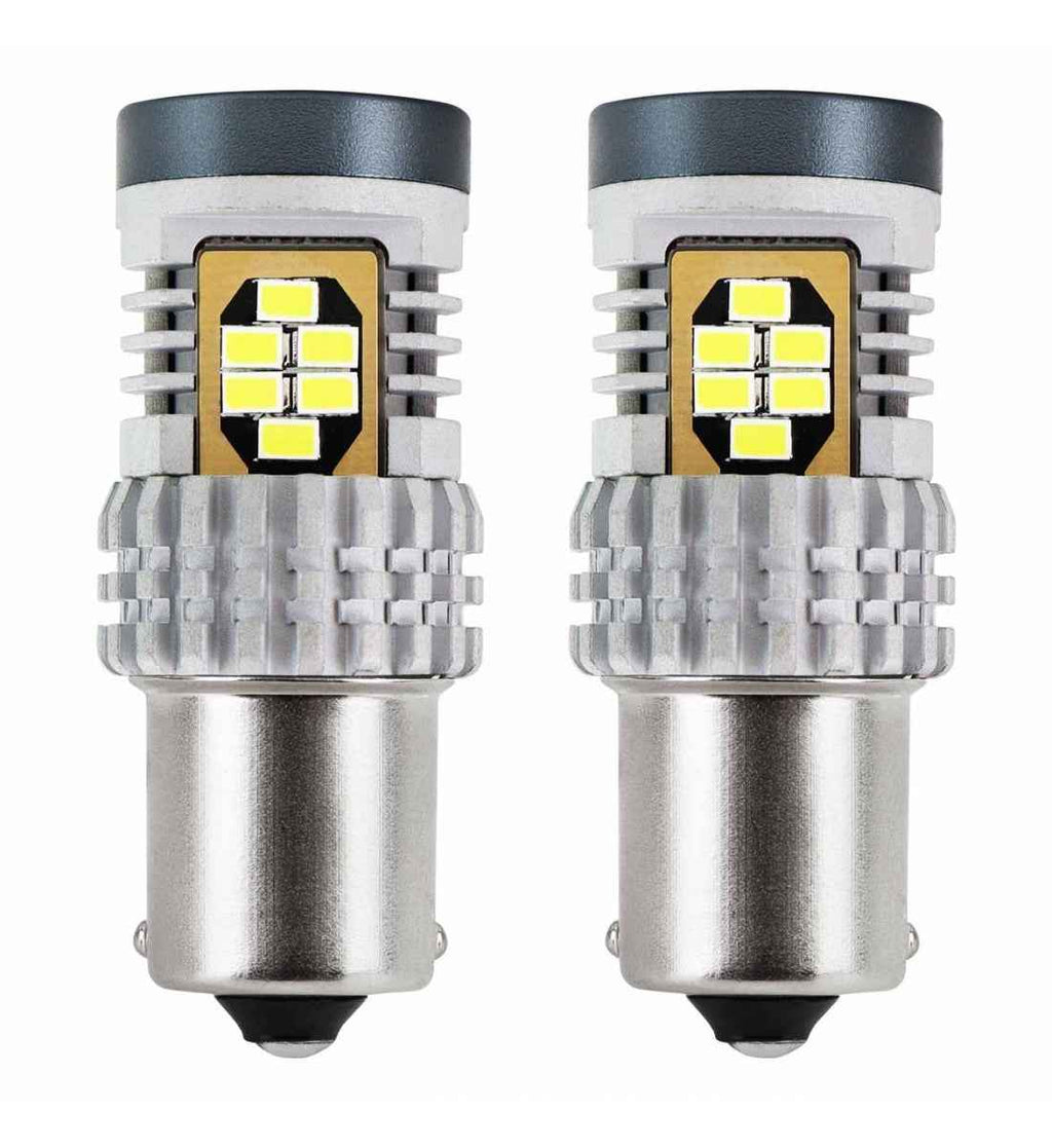 Set 2 becuri LED CANBUS P21W 1156, alb xenon 6000K, cu 24 SMD, compatibile 12/24V, ideale pentru iluminare auto fără erori.