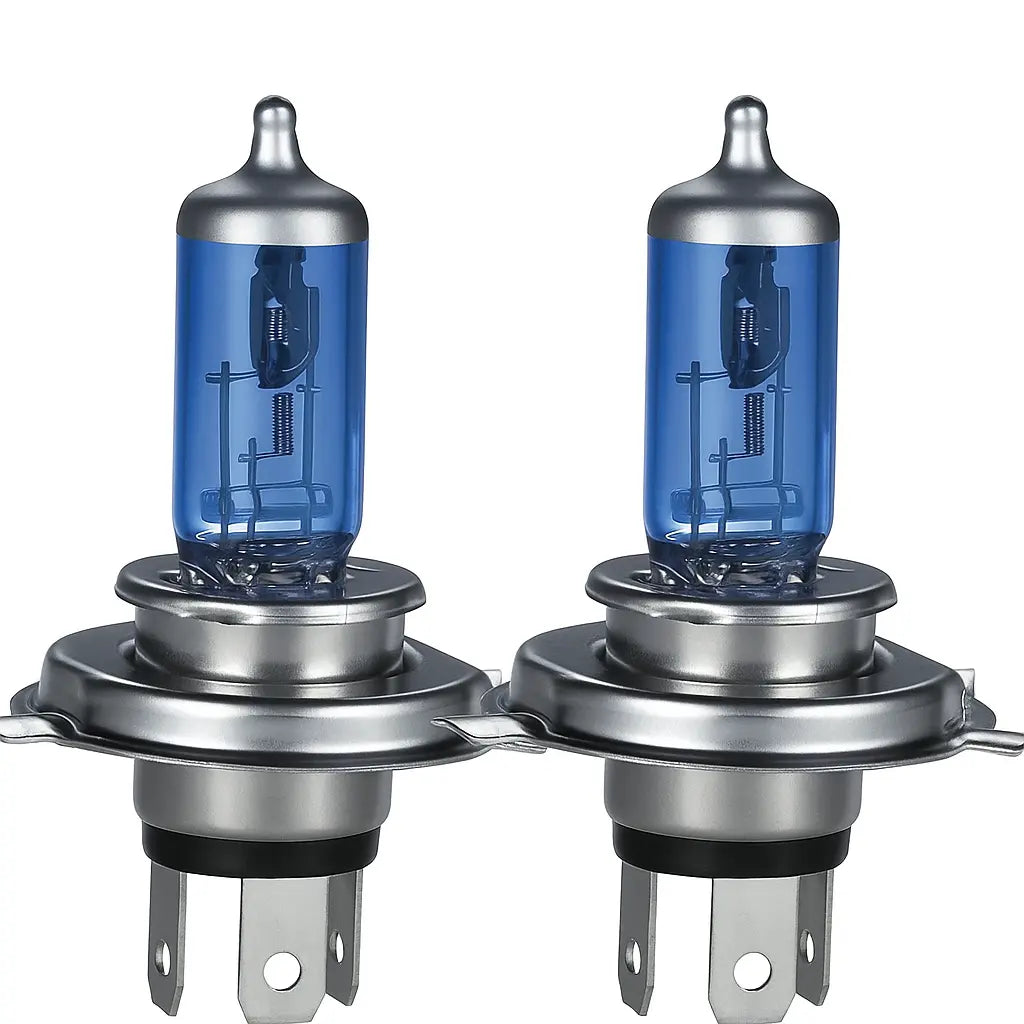 Set 2 becuri halogen H4 12V Super White cu lumină intensă, ideale pentru faruri auto, disponibile pe RevAuto.ro