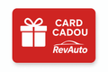 Card Cadou Auto RevAuto roșu, ideal pentru fanii auto, cu simbol cadou și logo RevAuto, disponibil în valori între 20 și 500 lei.
