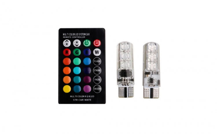 Set 2 becuri poziție (T10) led auto RGB cu telecomanda