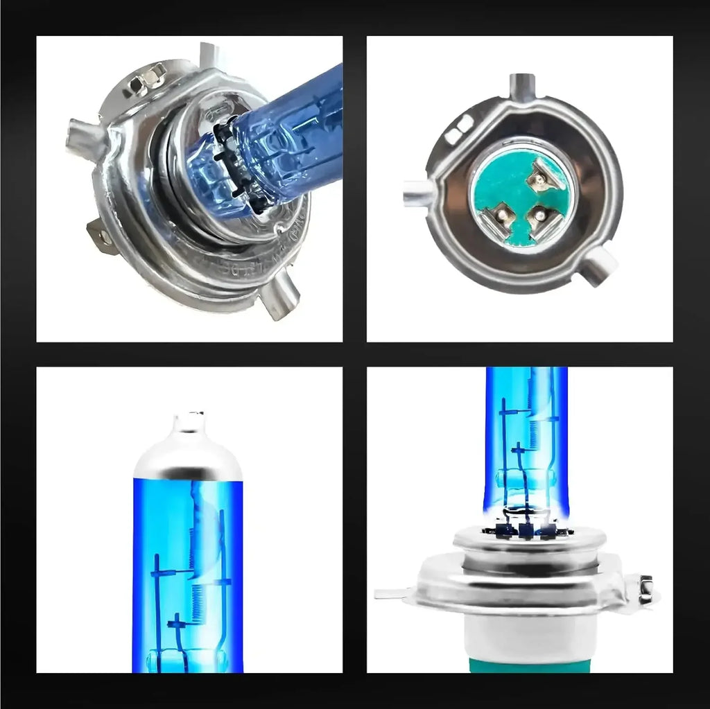 Detalii tehnice bec halogen H4 12V Super White, conectori și filament, pentru faruri auto de înaltă performanță