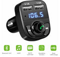 RevAuto Modulator FM X8 cu BT+2USB este un transmițător FM negru cu Bluetooth, afișaj digital (arată „106.5”), comenzi hands-free pentru apeluri/muzică, porturi USB duale și pictograme pentru Bluetooth, muzică, card SD/TF, apeluri și încărcare.