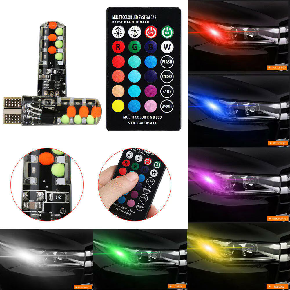 Set 2 becuri poziție (T10) led auto RGB cu telecomanda